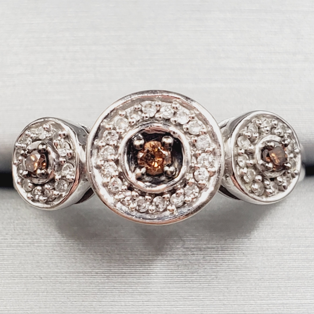 10k Solid White Gold Genuine Chocolate Brown & White Diamond Triple Halo Ring